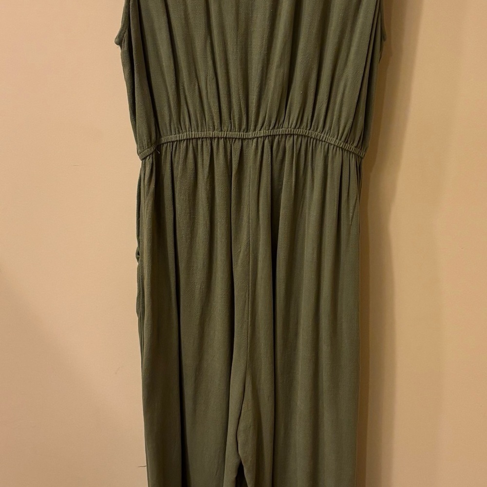 Double Zero Olive Green Jumpsuit Size L Wide Leg Elastic Waist Pockets - Picture 3 of 5